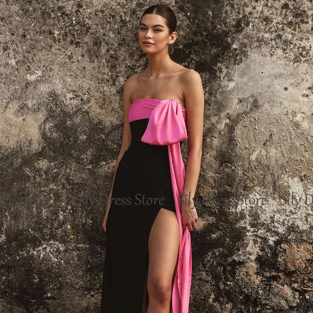 Vestidos de cóctel con clase para mujer, vestido de cumpleaños con vaina/columna de Jersey 2025, vestidos de fiesta con abertura lateral drapeados sin tirantes en negro y rosa
