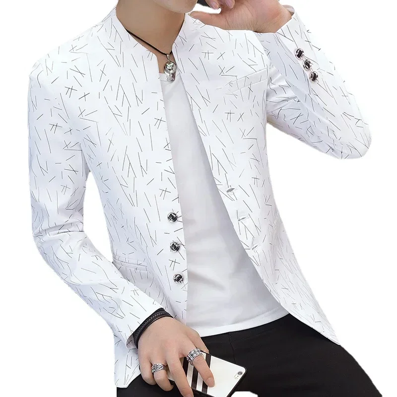 

Men's Printed Small Suit Male Korean Version of The Self-cultivation Stand-up Collar Chinese Tunic Casual Suit Thin Jacket Youth