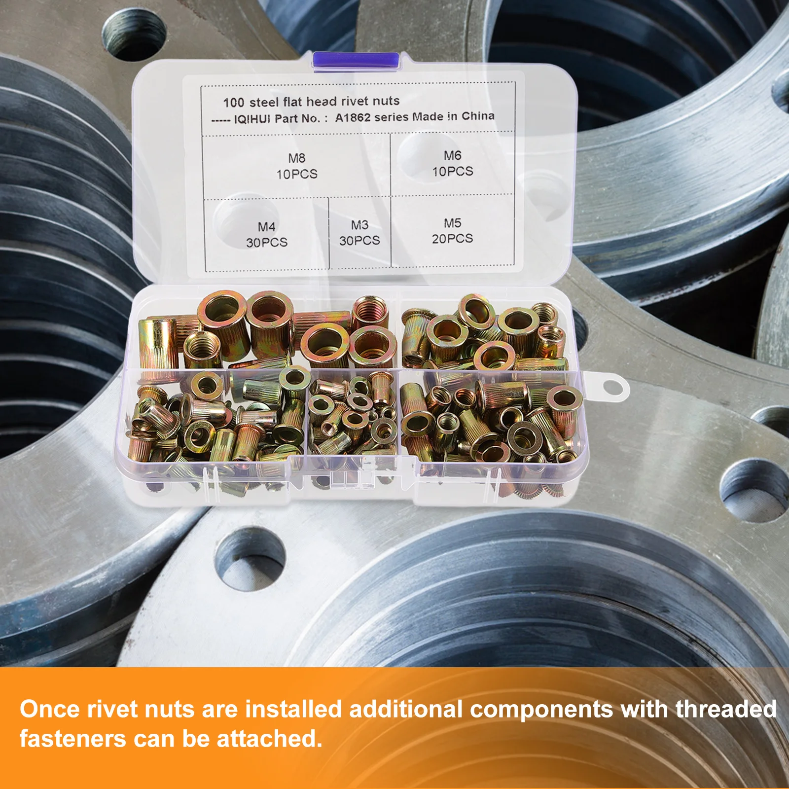 

100pcs Rivet Nut Kit M5 M8 Carbon Steel Zinc Plated Flat Head Knurled Insert Threaded Fastener For Blind Hole Applications