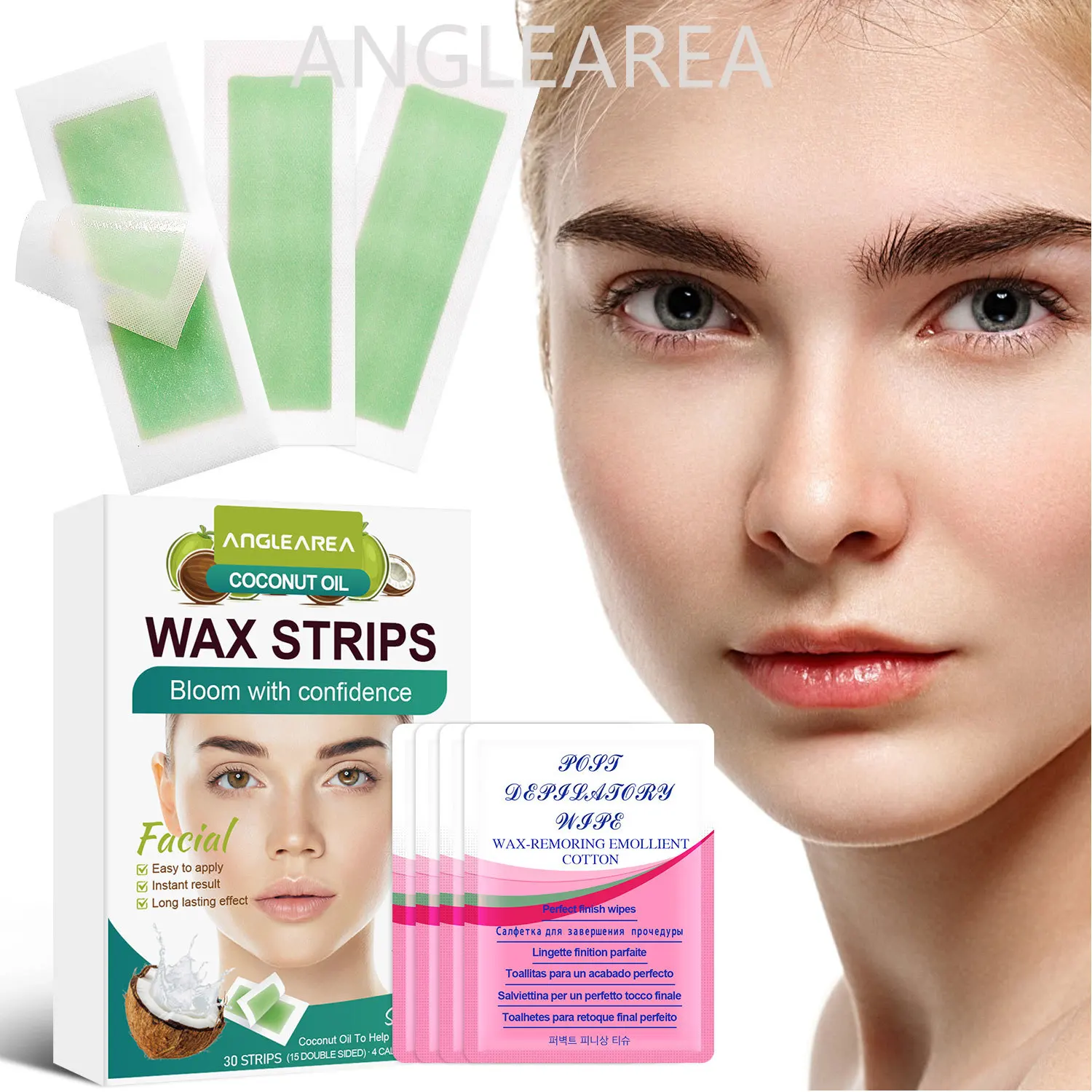 ANGLE AREA 15 pcs equals 30 pcs both sides Facial Hair Removal Wax Strip Per Box Face Lip Eyebrow Women's Body Hair Removal