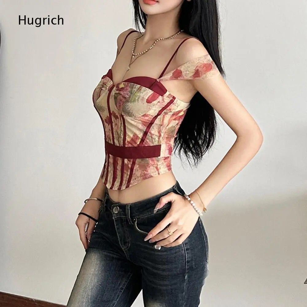 Burgundy Contrast Strip Floral Corset Camisole Women Shoulder Bow Sweetheart Neck Slim Fitted Sleeveless Layering Top
