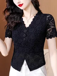 Summer T Shirts Women Short Sleeve Tops Black Lace Bottom Shirt V Neck Thin Stretch Slim T-shirt