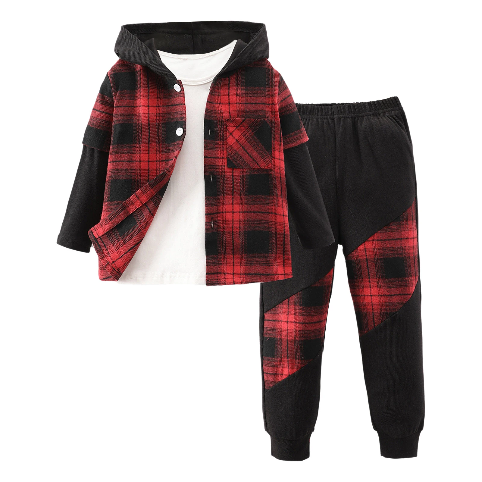 

#3Y-7Y Kids Boys Two-Piece Set Casual Outfit Color Block Plaid Patchwork Hooded Shirt Top with Pants