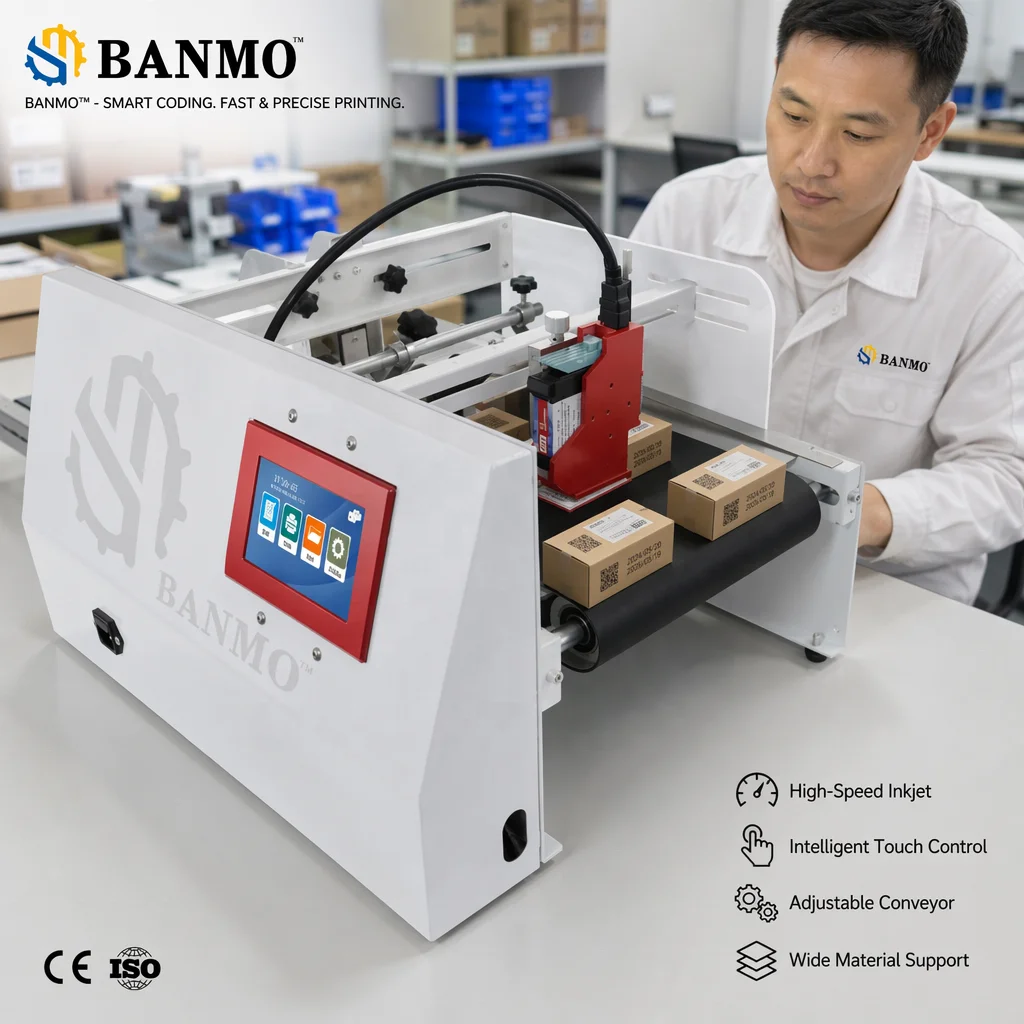 BANMO High Speed TIJ Inkjet Printer Online Coding Machine Automatic Date Batch Coder With Conveyor System for Carton Box Package