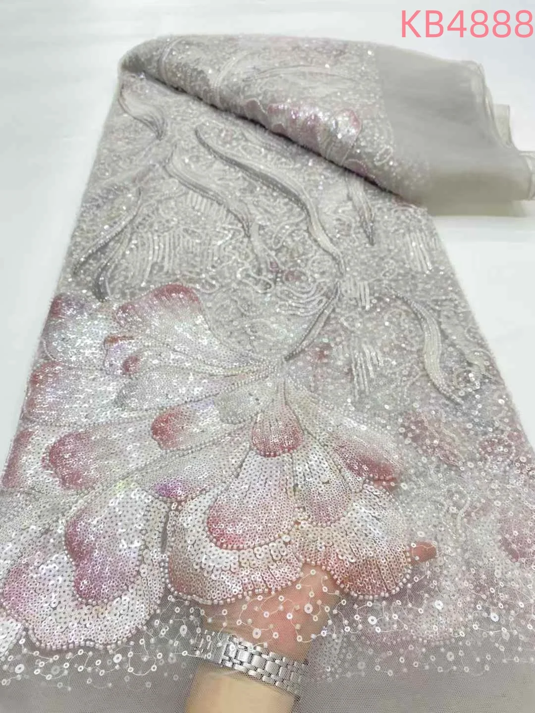 Blue Sequins Tulle Lace Fabrics African Fabric Lace High Quality 2025 Beaded French Mesh Lace Fabrics For Wedding Sewing KB4888