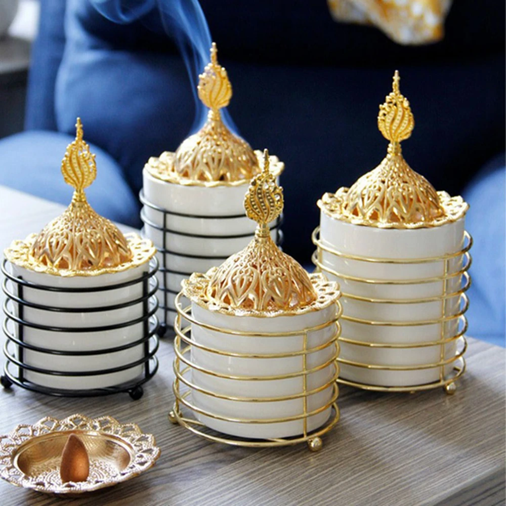 

Modern Minimalist Golden Metal & Ceramic Arabic Incense Burner - Desktop Aromatherapy Decor Middle Eastern Style Home Accessory