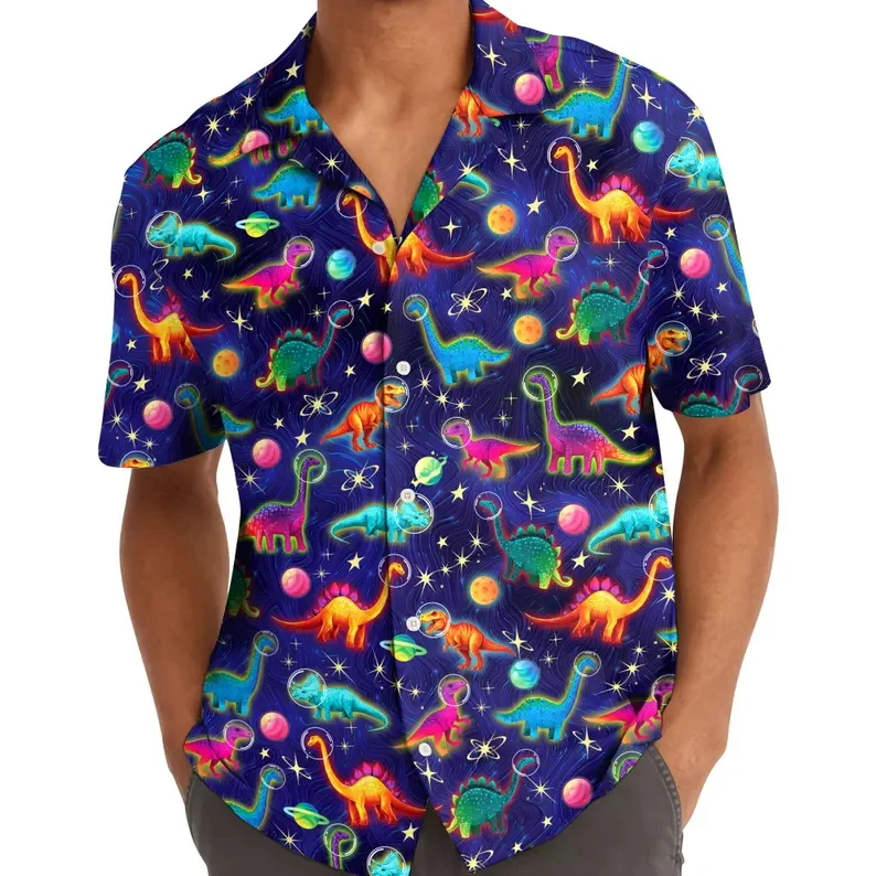 

Мужская гавайская рубашка с принтом космических динозавров, 3D-графика космических динозавров, повседневная рубашка с коротким рукавом на пуговицах, пляжная рубашка для отдыха