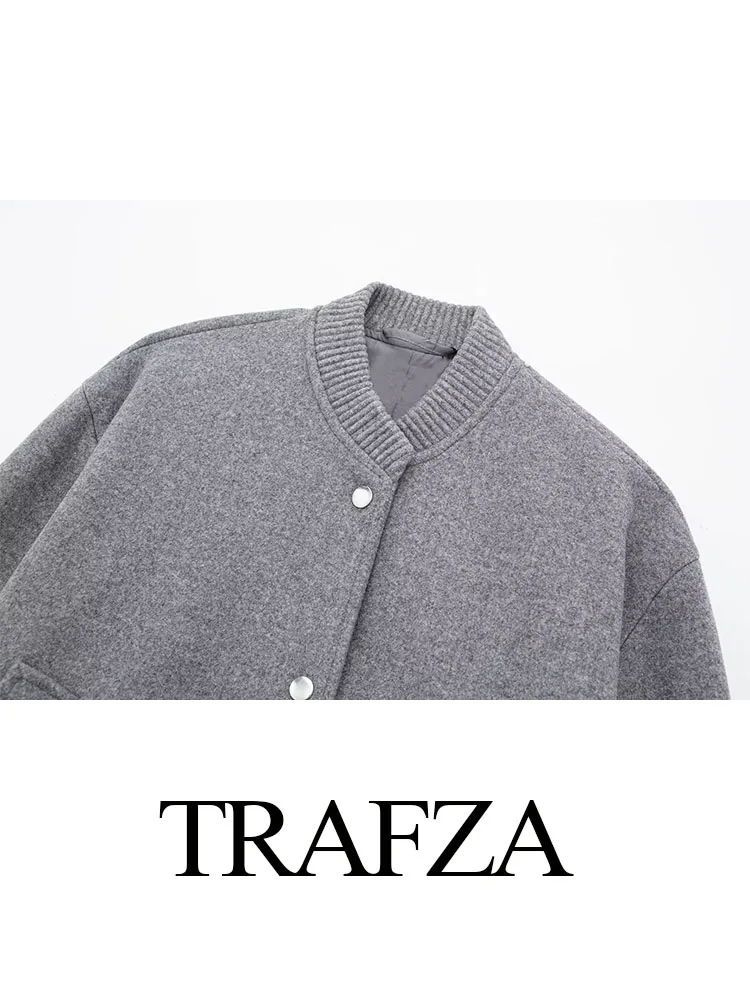 TRAFZA Female Casual Short Jackets Solid O-Neck Long Sleeves Pockets Single Breasted Autumn Coats Woman 2024 Trendy 3 Color