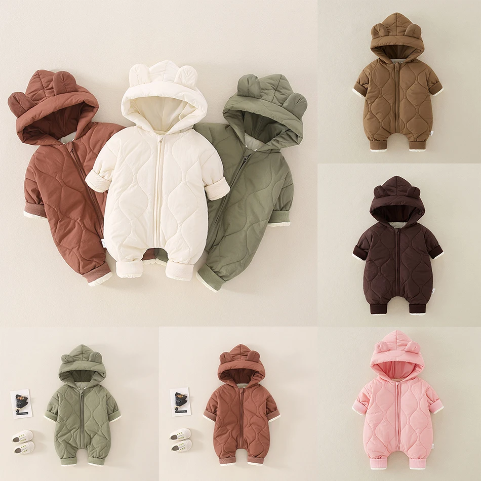 

Утепленные комбинезоны с капюшоном для маленьких девочек и мальчиков, осенне-зимняя верхняя одежда на молнии для новорожденных, комбинезон, детская теплая одежда, однотонные боди
