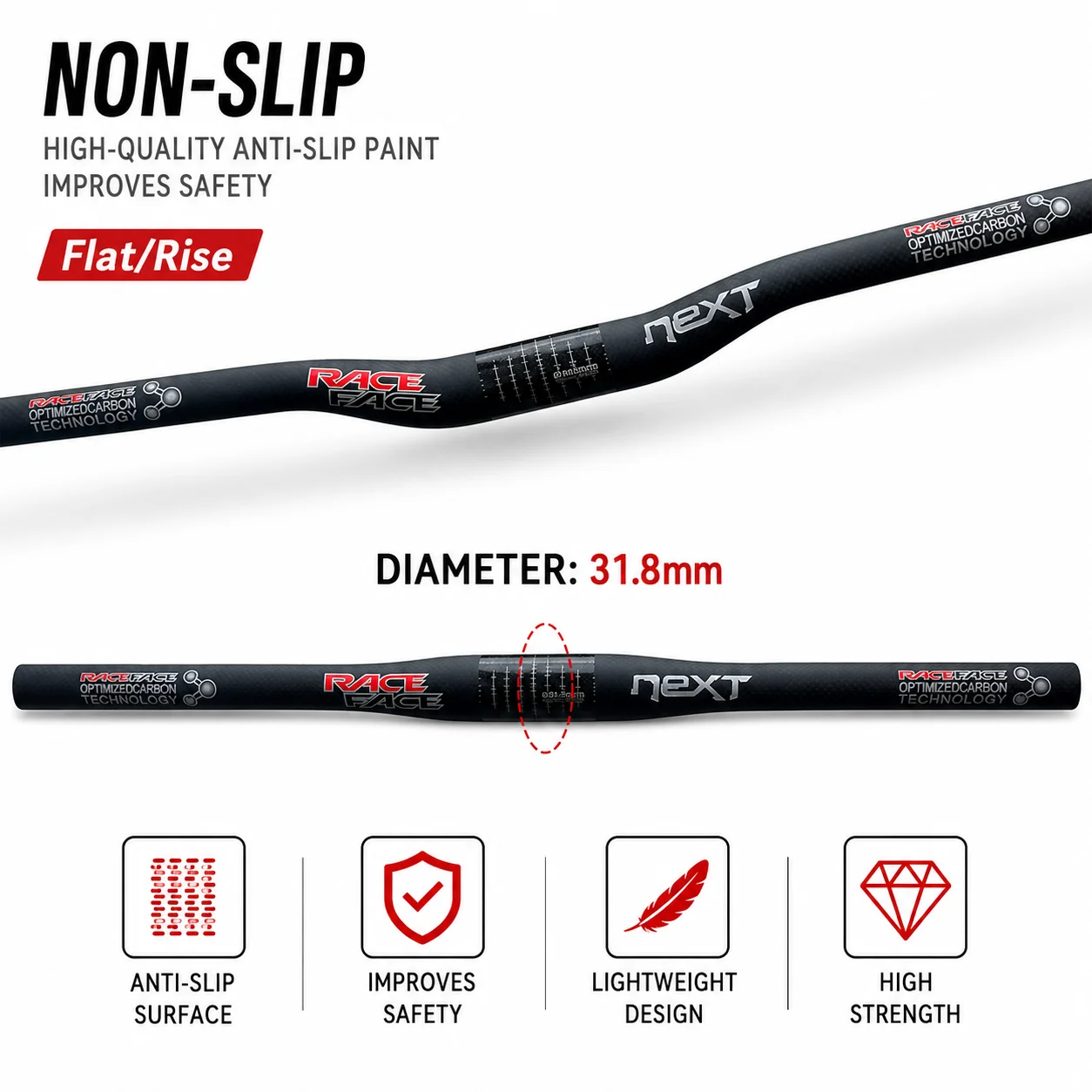 Race Face Next 3K/Matte Carbon Handlebar Mountain Bike Flat/Rise Bicycle Bar Sizes 600-760mm 31.8mm Clamp Diameter