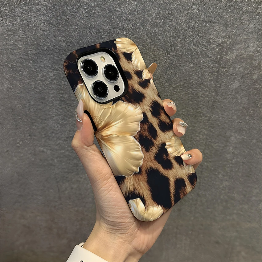 Coque de téléphone Double pour Iphone 17 16 15 14 13 Pro 12 11 Max Plus 17Pro, étui de téléphone imprimé léopard à fleurs peintes, housse de doublure en Tpu