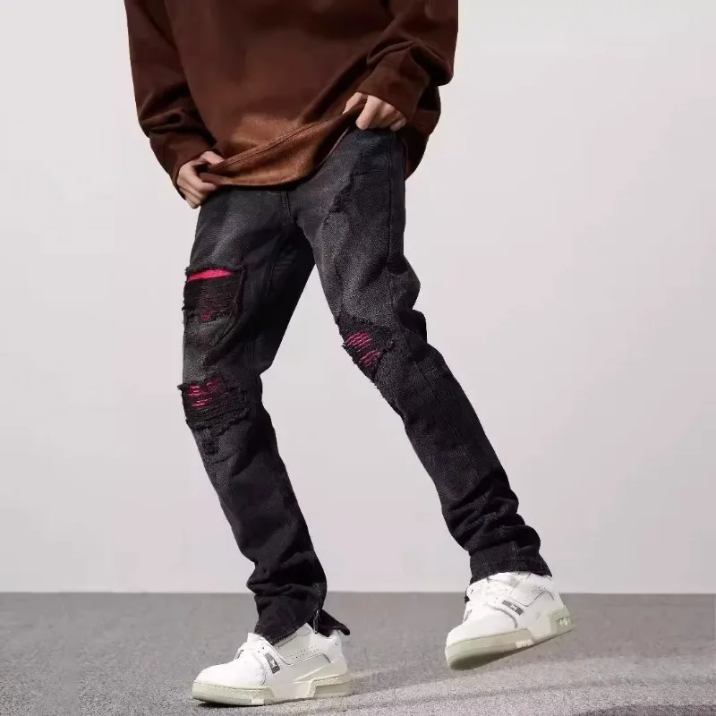 Pantalones vaqueros elásticos ajustados con agujeros de HipHop para hombre, pantalones pitillo bordados, pantalones pitillo vaqueros ajustados desgastados con estilo para hombre