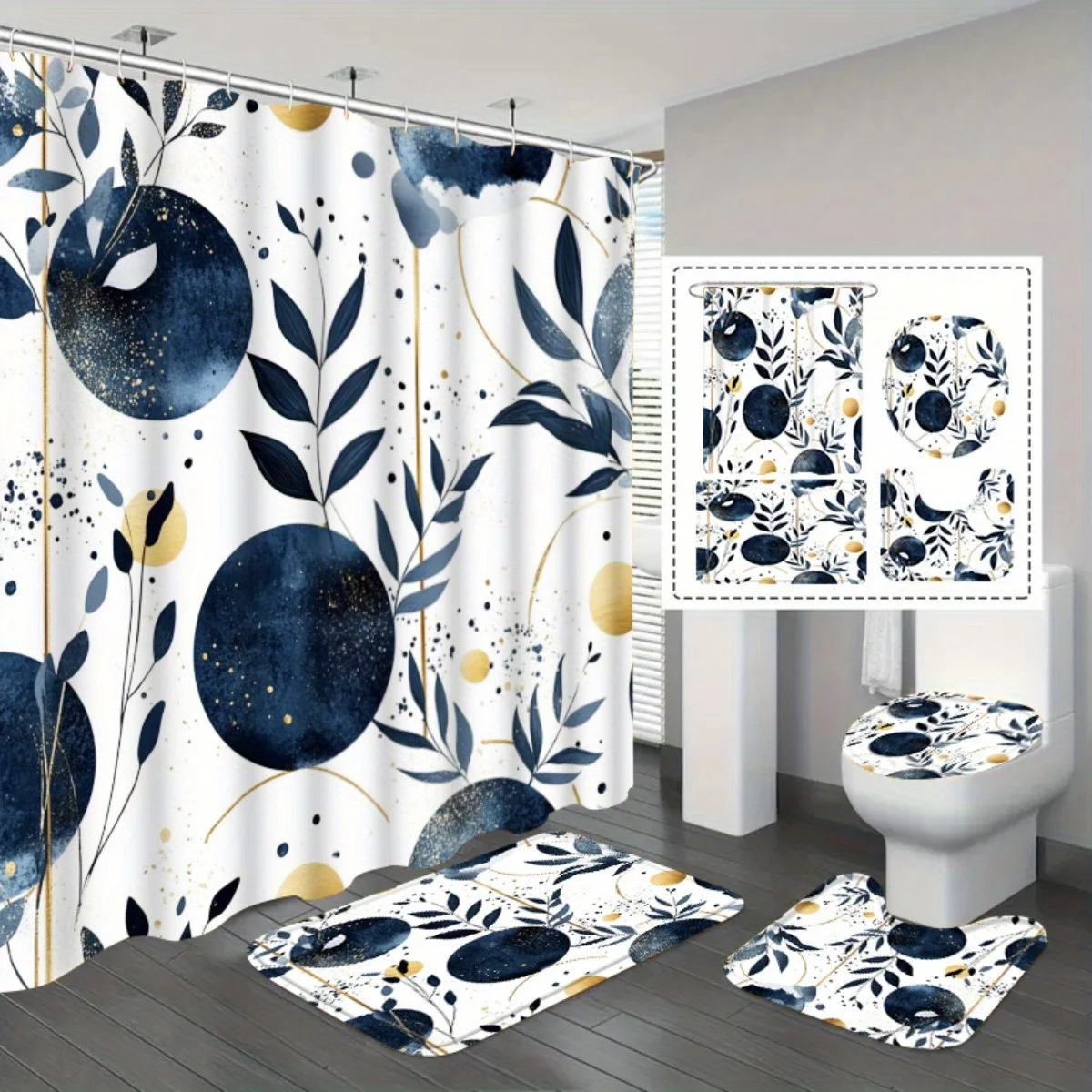 4pc Dark blue and gold floral print bathroom decor, shower curtain, U-shaped mat, toilet seat cover, non-slip mat