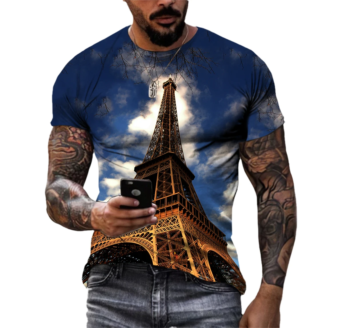 

New Tide Summer Fashion Eiffel Tower Picture T-shirts Casual Print Tees Hip Hop Personality Round Neck Short Sleeve Tops