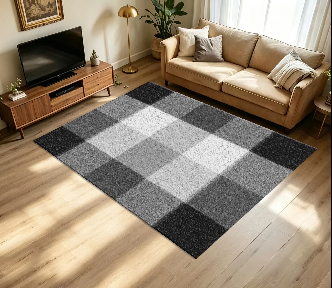 Monochrome Grey Buffalo Plaid Carpet Flooring Classic Black White Checkered Grid Texture Seamless Art Pattern Printed Floor Rug for Household Indoor Simple Home Decoration
