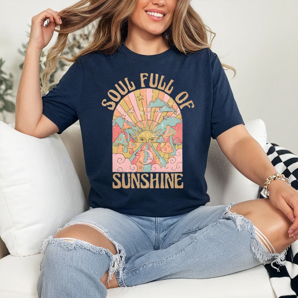 Soul Full Of Sunshine Grafik Vintage Retro Y2K Modestil Sommer Top mit trendiger Komfortfarbe Baumwoll-T-Shirt Damen Herren