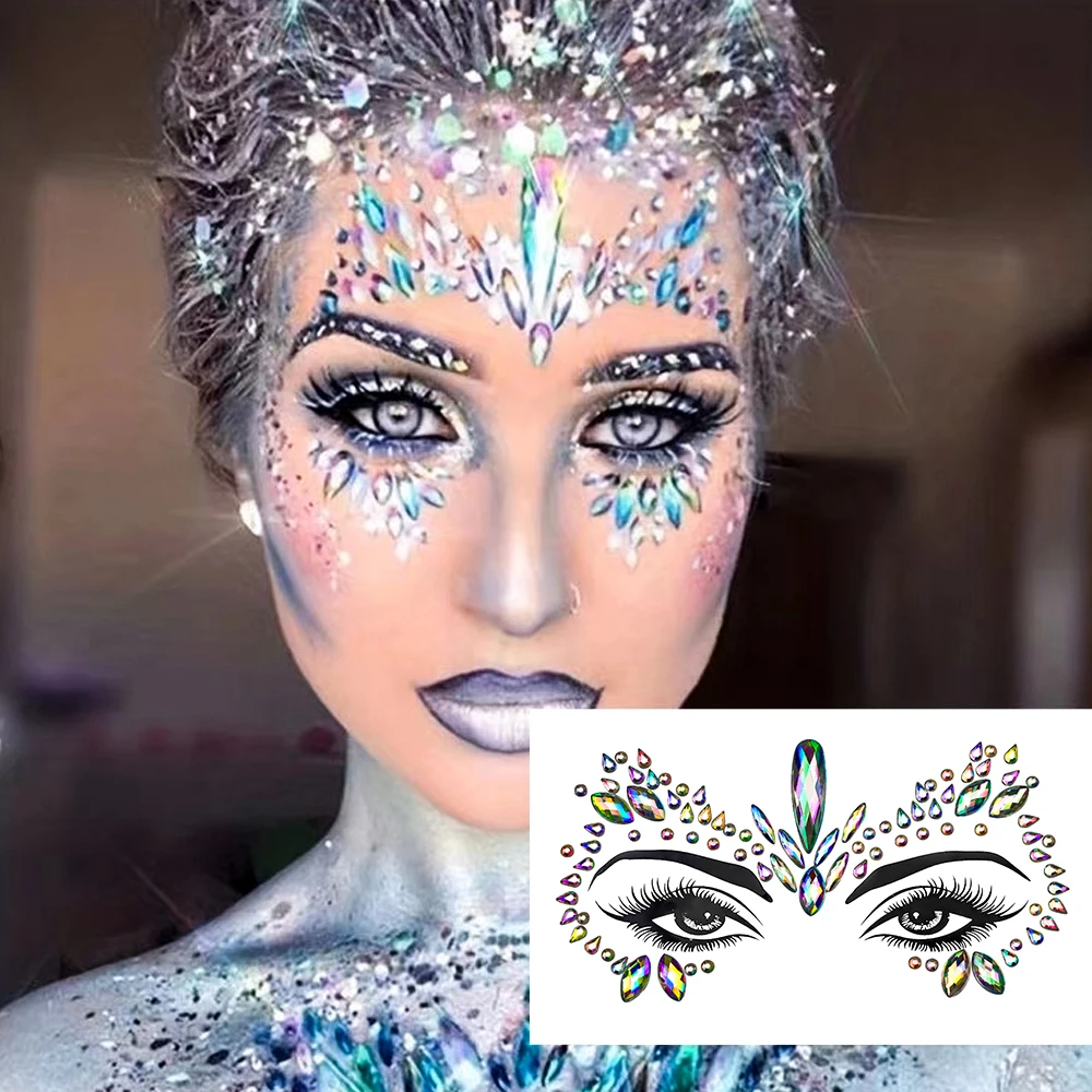 1pc 3D Face Eyes Party Makeup Tattoo Sticker Acrylic Diamond Rhinestones Sticker Self-adhesive Mixed Crystal Face Decor Sticker*