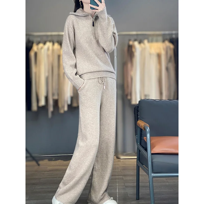 

New Suit Women's High-Necked Zipper Sweater With Pocket Wide-Leg Pants Two-Piece Pure Wool Loose Knitting Suit