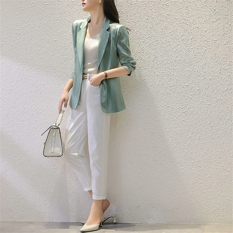 Mulher de alta-vento brilhante listra de seda triacético ácido terno verão fino manga de sete pontos mint verde terno jaqueta fina feminino blazer