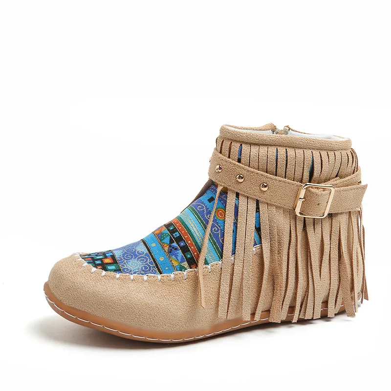 2025 خريف شتاء جديد الغربية حذاء من الجلد للنساء البوهيمي هامش مريح الجلد المدبوغ حذاء مسطح مع حزام مشبك رصع #5