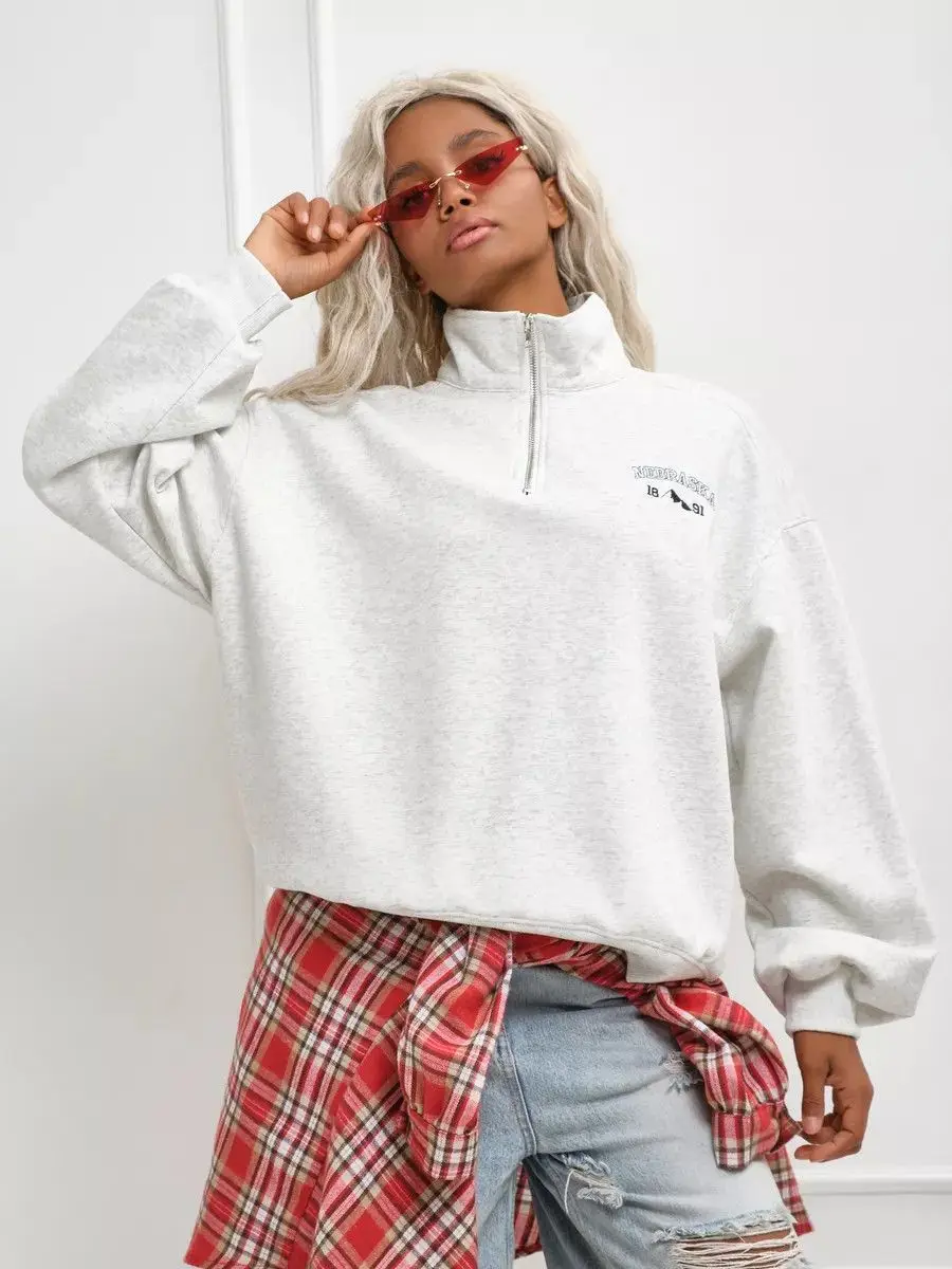 ยุโรปอเมริกาวิทยาลัยผู้หญิงเสื้อเรโทรเปิดซิปปกเปิดปกเสื้อสีเทาแขนยาวฤดูใบไม้ร่วงหลวม Y2K