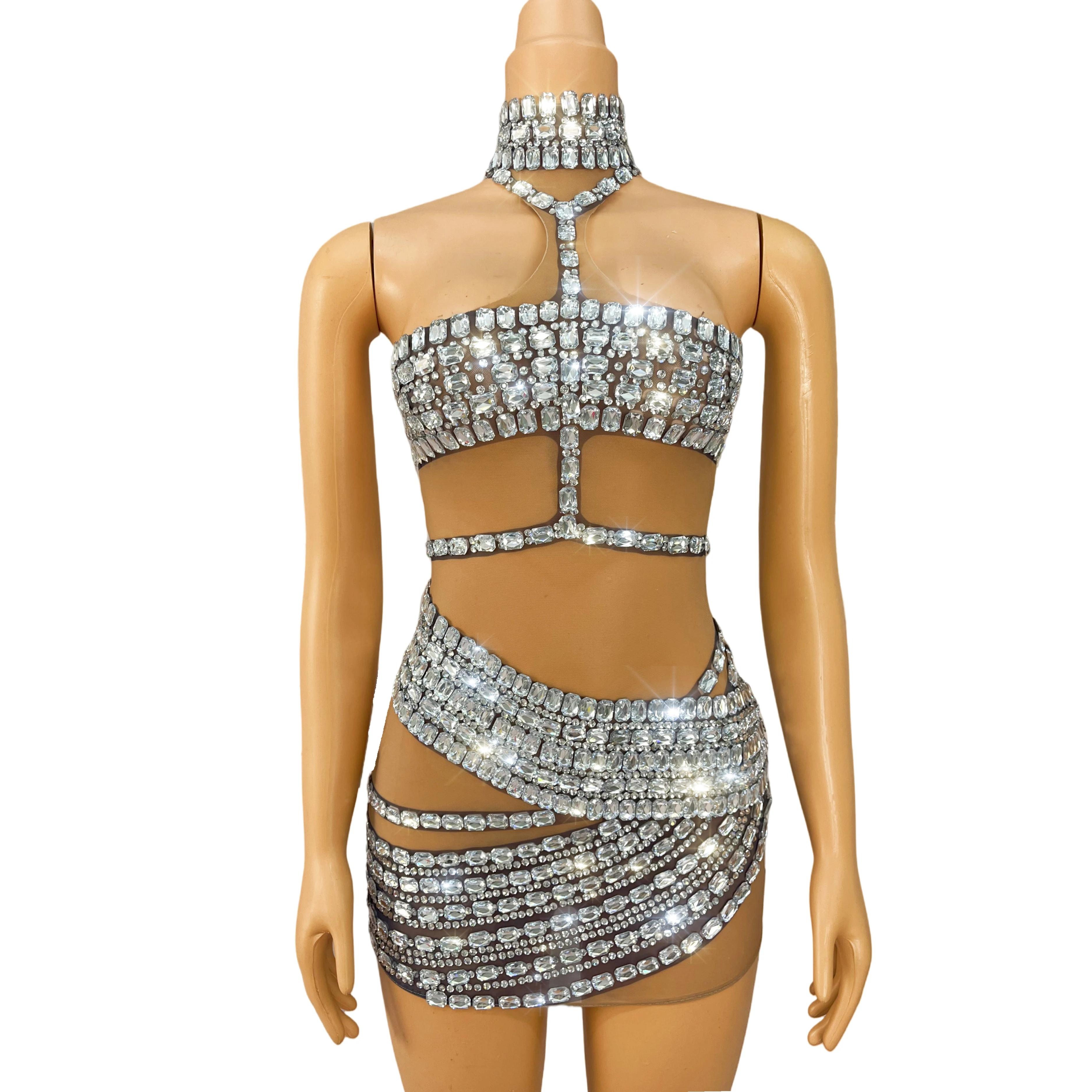 

New Special Perform Costume Sparkly Silver Rhinestones Halterneck Mesh Dress Women Dancer Sexy Night Party Club Vestido Tielian