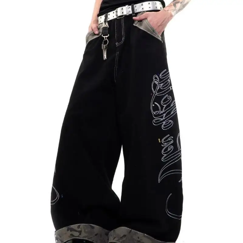 Men's Alphabet Embroidery Camouflage Splicing Jeans Denim Pants High Waist Wide Leg Sweatpants Straight Street Casual Trousers