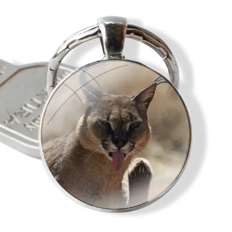 Keychain Handmade Glass Cabochon Key Ring Holder Pendant Key Chains Caracal Cat Floppa