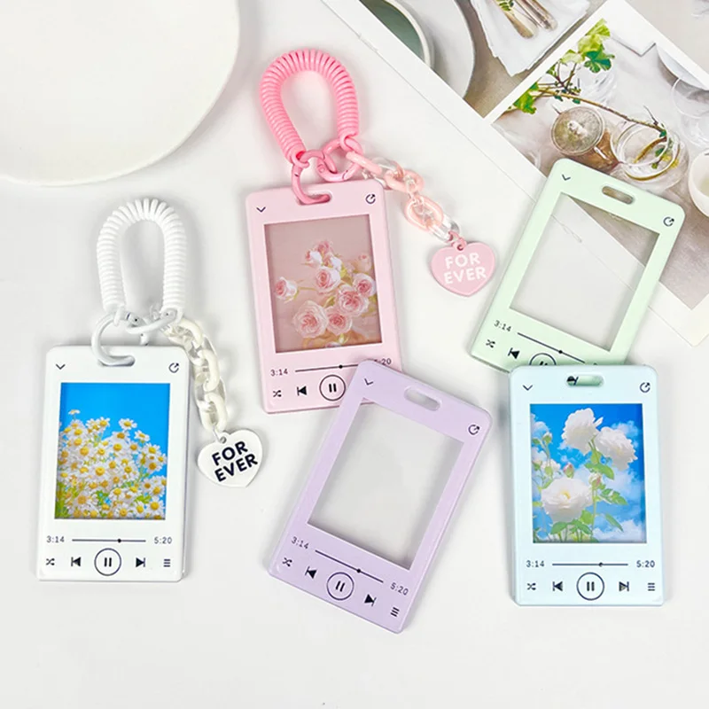 Music Player ID Card Holder with Spring Rope Heart Charm for Women Girls Kid Colorful Bus Subway Credit Card Protector Shell