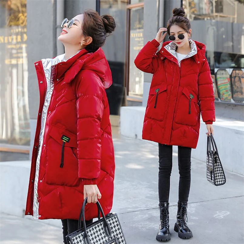 Pure Colors Hooded Long Parkas With Pocket Women Thick Down Cotton Coat Female Casual Loose Puffer Jacket Overcoat 2024 Winter