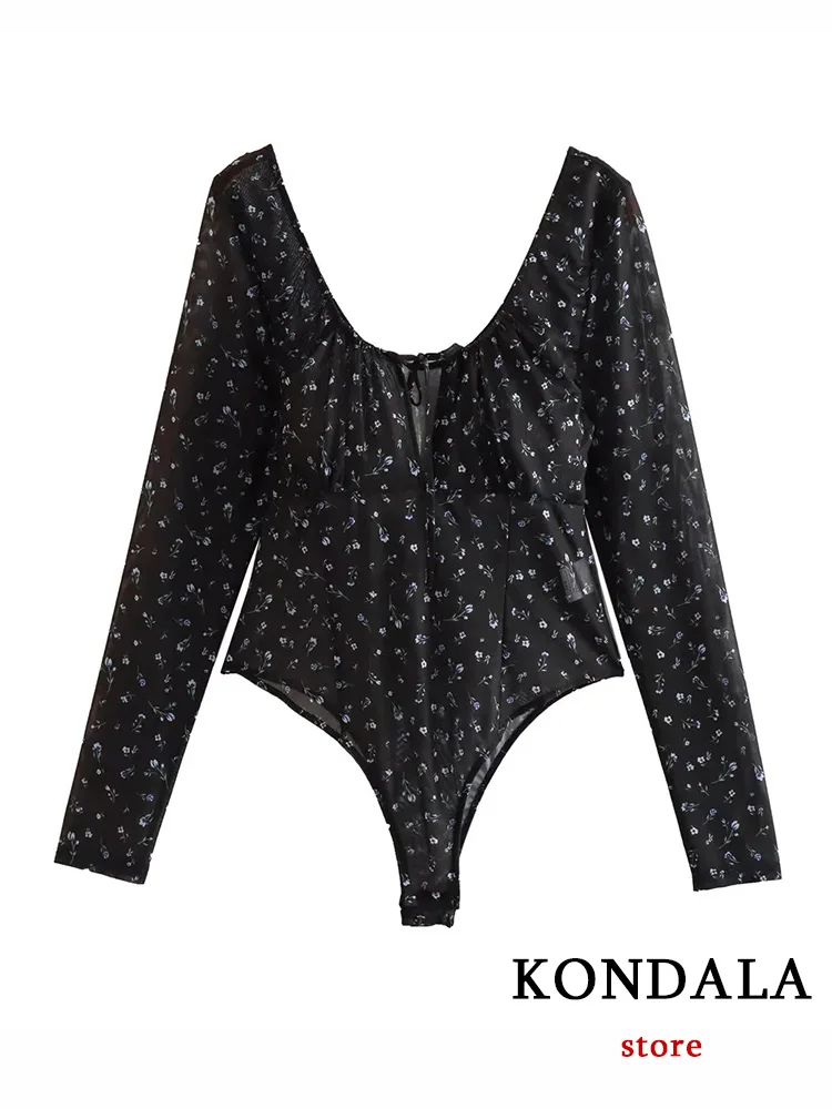 KONDALA Sexy Flower Chiffon Bodusuits Black Transparent Square Neck Lace Slim Bodysuits New Fashion 2023 Summer Jumpsuits