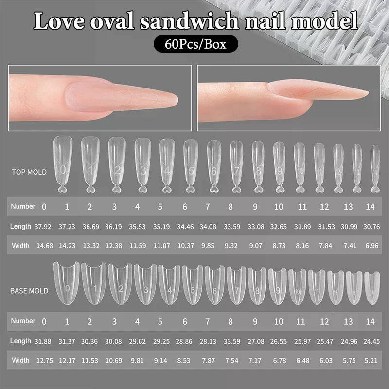 Sanduíche formas duplas de unhas, 60 peças, 15 tamanhos, extensões rápidas, formas duplas, formato de t, elipse, manicure, molde superior, molde inferior 3d