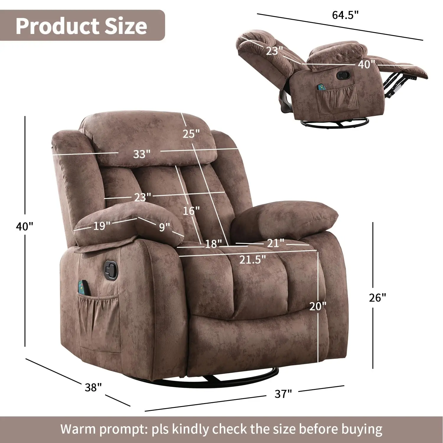 Rocker Recliner with Heat and Vibration, Manual Swivel Rocking Chair with Vibrating Massage, Comfy Padded, Customized