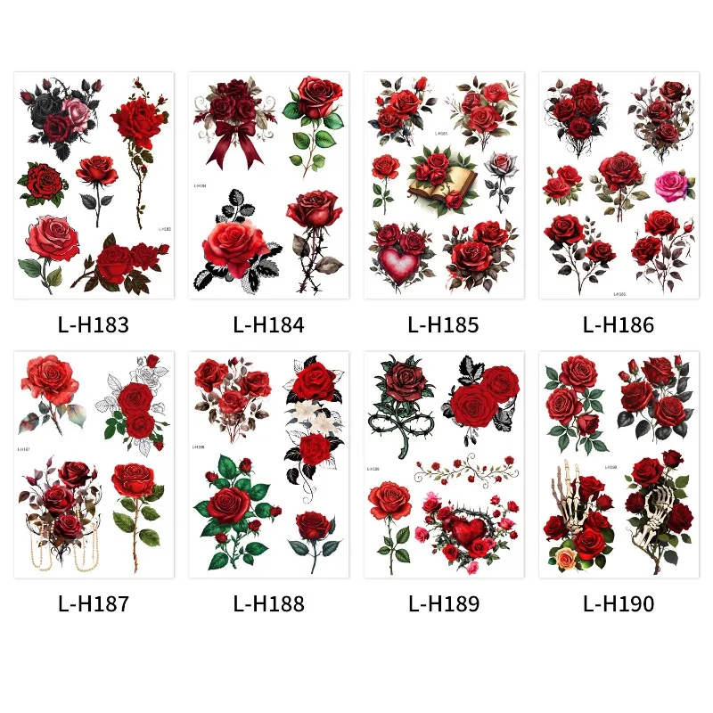 ملصقات وشم على الطراز القوطي على شكل وردة حمراء واقعية مع تصميم جمجمة لمكياج الهالوين الليلية والحفلات الليلية #5