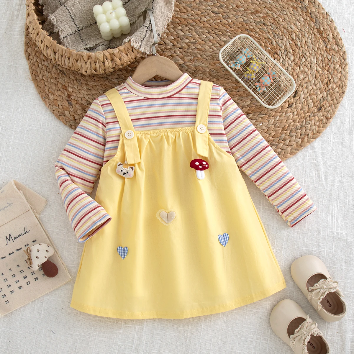 Toddler Girl Spring Fall Dress Bear Mushroom Heart Applique Colorful Stripe Long Sleeve Yellow Dress for Girls Daily Casual Play
