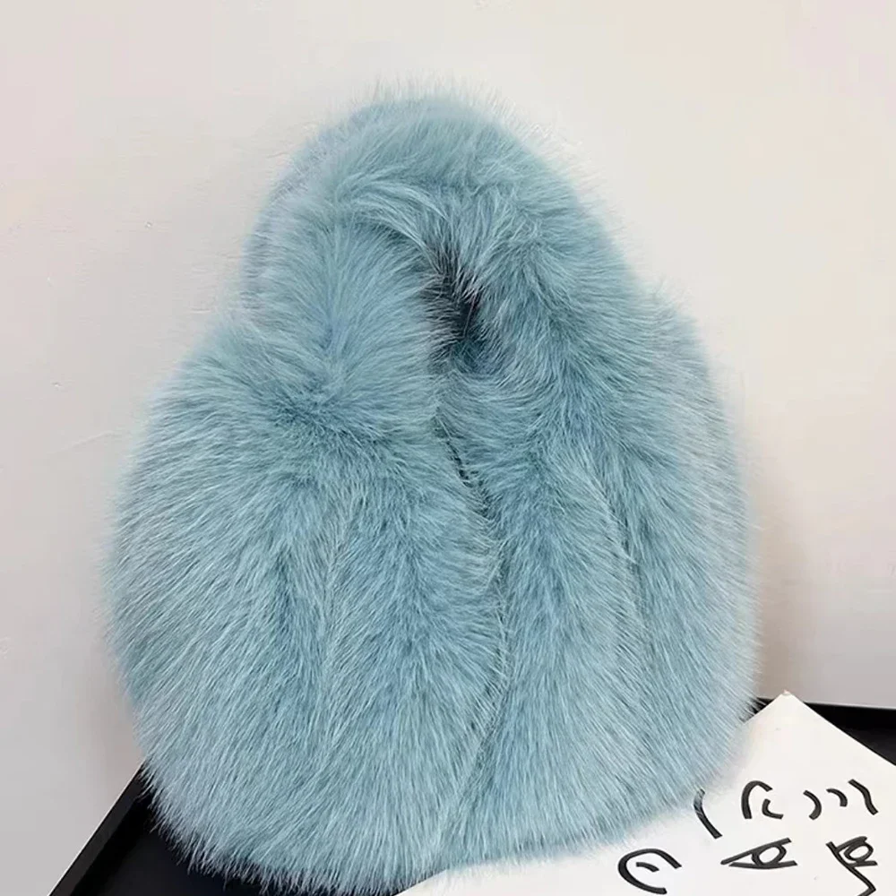 Fluffy Faux Fur Bags for Women Winter Soft Plush Handbags Half Moon Shoulder Bag Winter Warm Ruched Purses Tote Clutch 2024 New