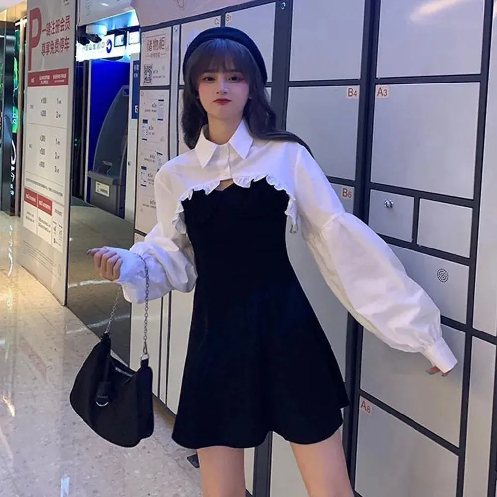 Hotsweet Women Clothing Sets Lantern Sleeve Short Loose Shawls Shirts with Black Dress Korean Fashion Women's Dress 2 Piece Suit