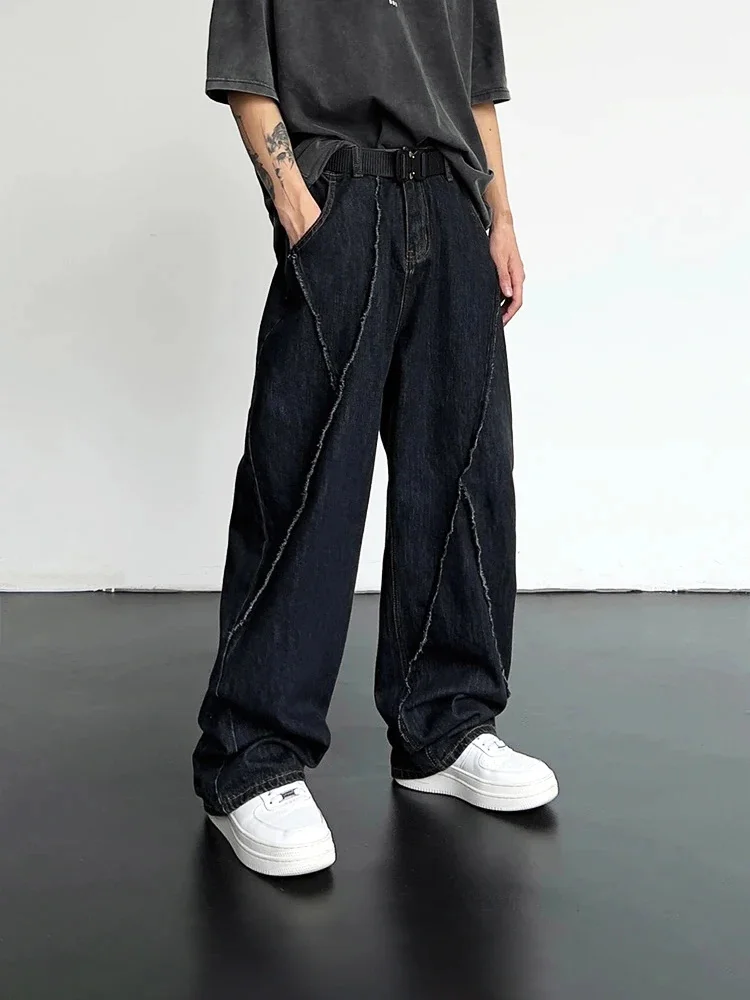 

2024 Men HipHop Distressed Jeans Pants Ripped Patchwork Denim Male Oversized Loose Casual Streetwear Wide Leg Trousers