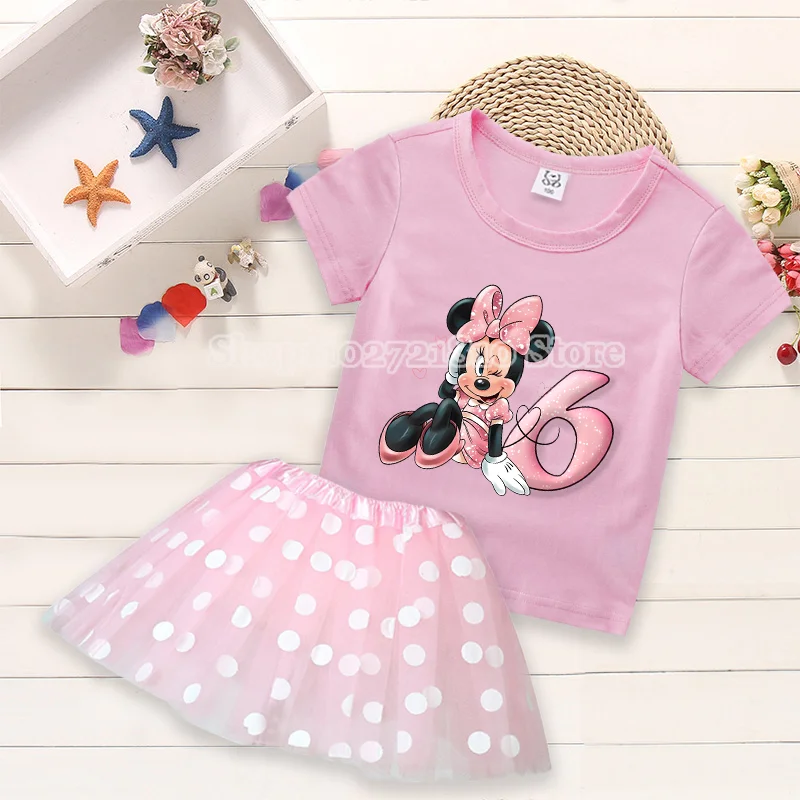 Camiseta de Mickey Minnie Mouse para niños, vestido de cumpleaños, conjuntos de moda de verano con dibujos animados, estampado de lunares, cuello redondo, ropa rosa, regalo para niñas