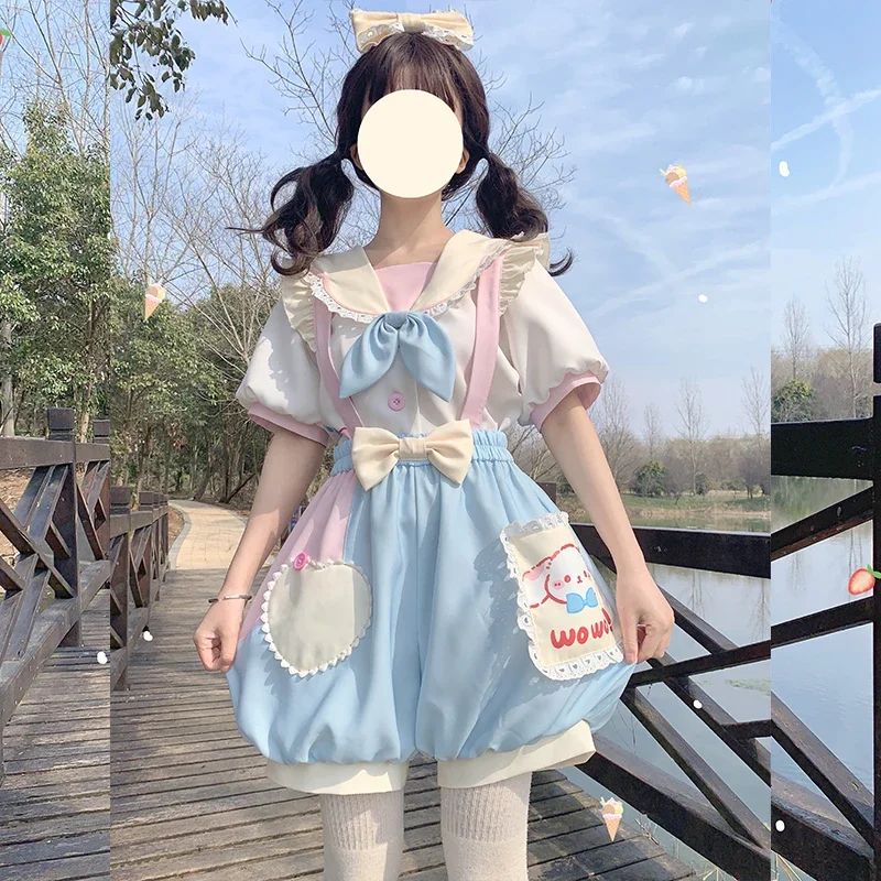 

Cute Sailor Collar Bow Shirt Color Matching Ball Gown Skirt Two Piece Sets Womens Outifits Summer New Kawaii Sweet JK Skirt Sets