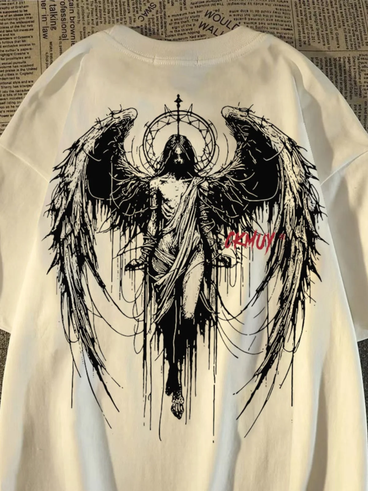 New Port Style Wing Angel Loose Trendy Retro Summer T-shirt 100% Cotton Cool Comfortable Adult Men's Daily Use Soft Breathable