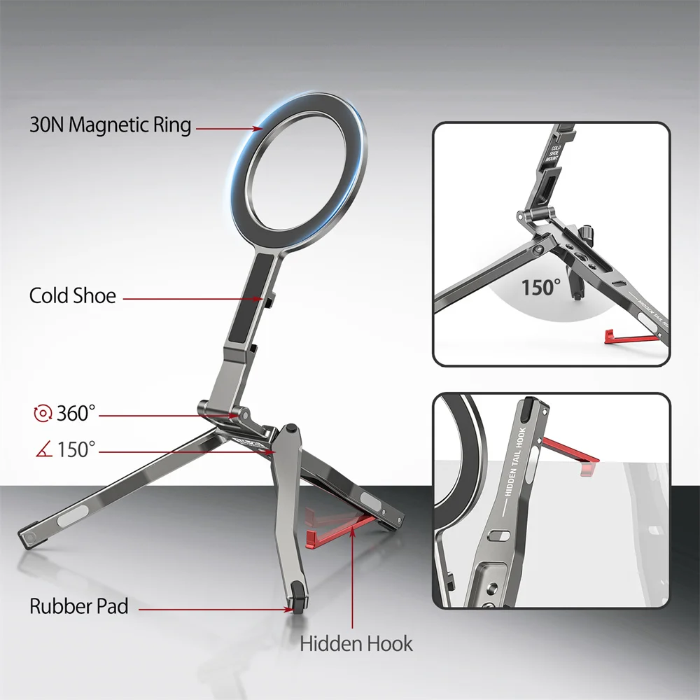 CAMOLO Magnetic Tripod w Fence-Mounted Cold Shoe Phone holder Desk Stand for Magsafe iPhone 16 15 14 13 12 Pro/Pro Max Android