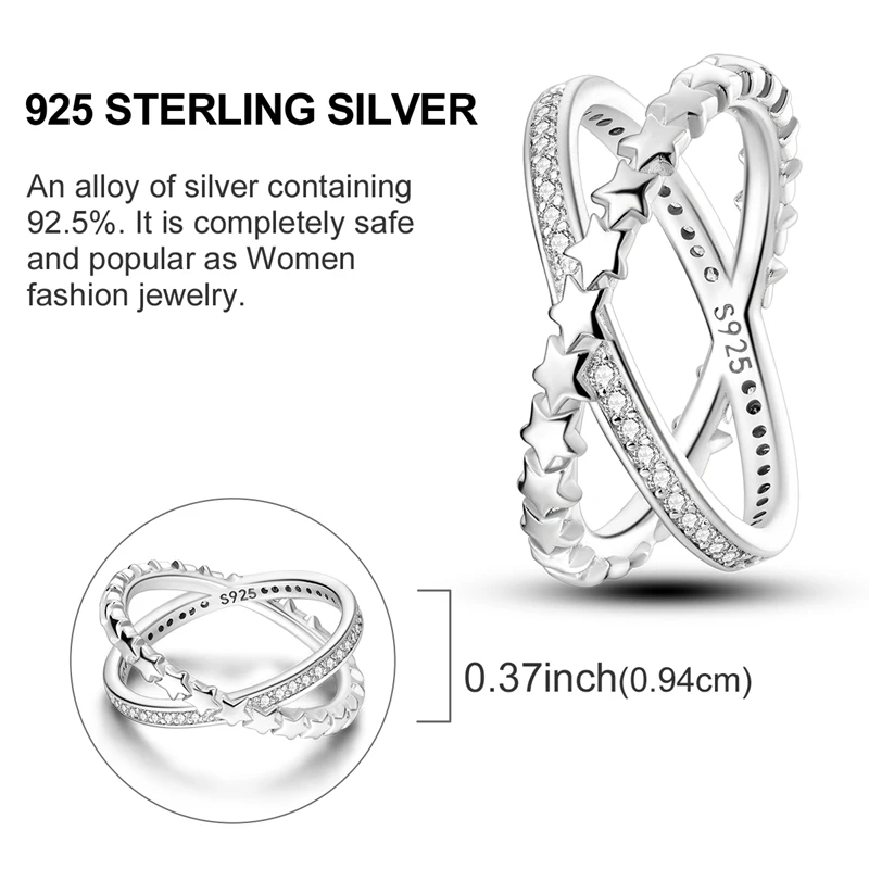 Women's 925 Silver Sun Moon Stars Ring, Sparkling Design