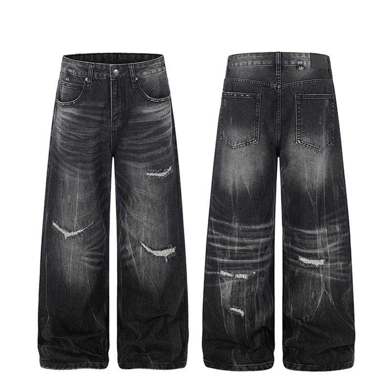 

Edgy Men's Ripped Distressed Jeans Washed Black Wide Leg Baggy Fit Streetwear Casual Premium Denim Pants