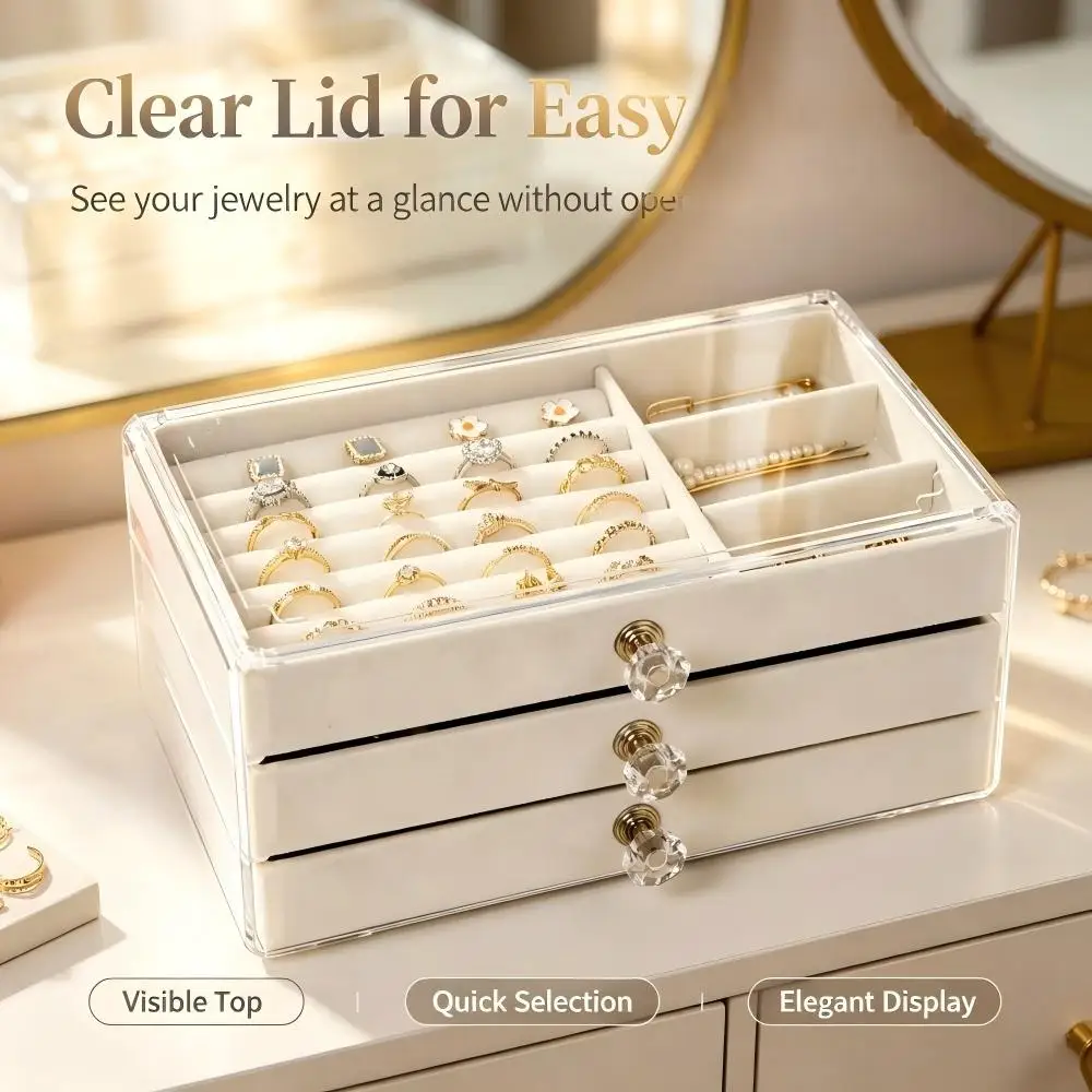 Modern 3‑Drawer Jewellery Storage Holder, Dust‑Proof Jewelry Box for Earrings Rings Necklaces Bracelets Desktop Vanity Organizer