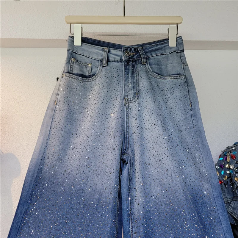 Deat calças jeans femininas cintura alta lavada solta cheia de diamantes perna larga reta strass jeans 2024 nova moda outono 33a1214