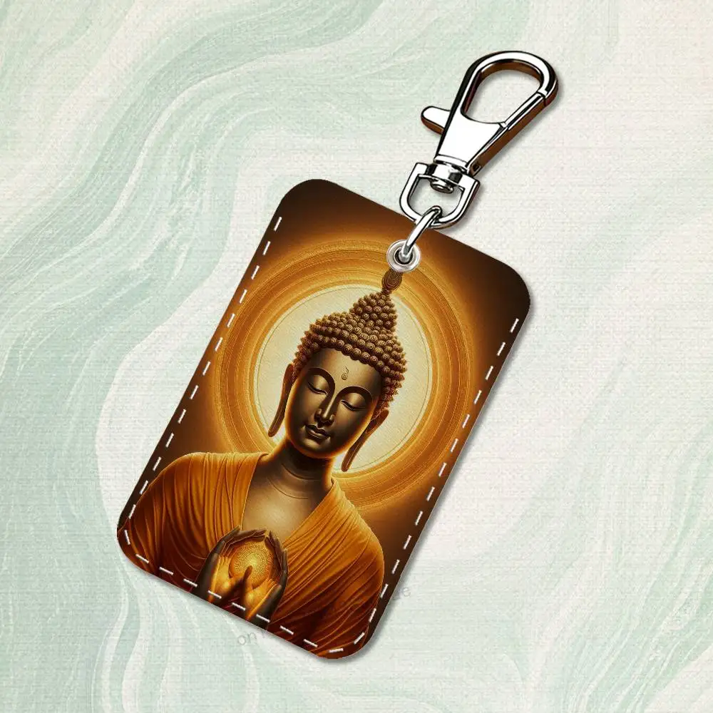 Belief Art Buddha Rectangle Card Case Keychain Access Card Bag Key Tag Ring Leather Card Holder Key Ring Access