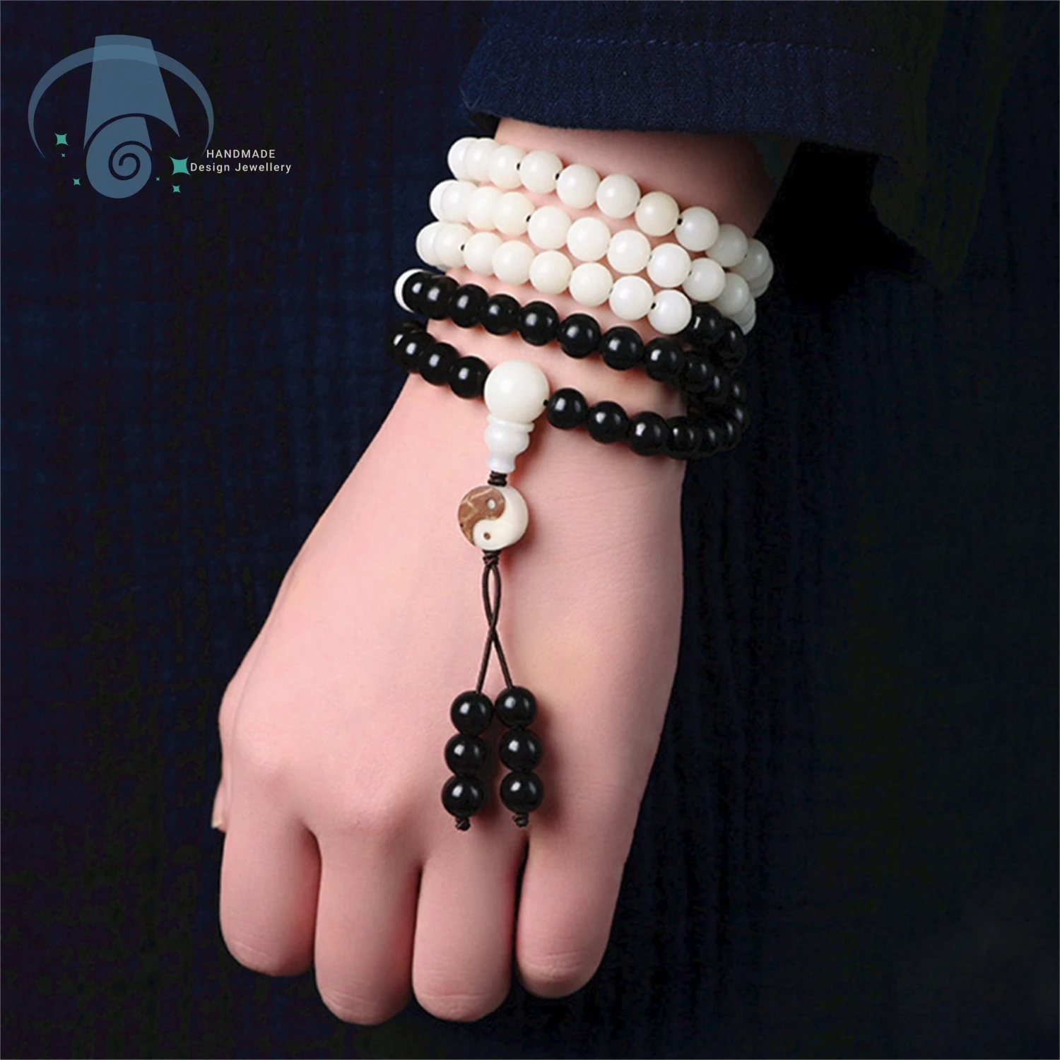 Pulsera Mala de semilla de Bodhi blanca pura con cuentas de madera de ébano Yin Yang Tai Chi joyería de oración budista de meditación Unisex hecha a mano