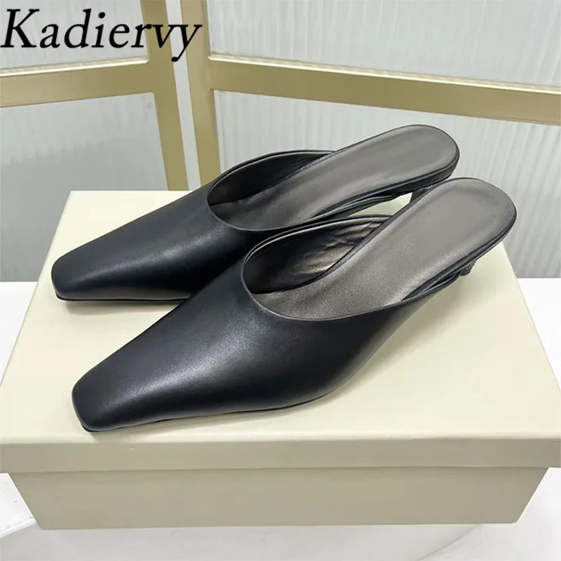 

New Slippers Woman Chain String Bead Kitten Heels Shoes Woman Suede Leather Slides Small Square Toe High Heels Slippers Women