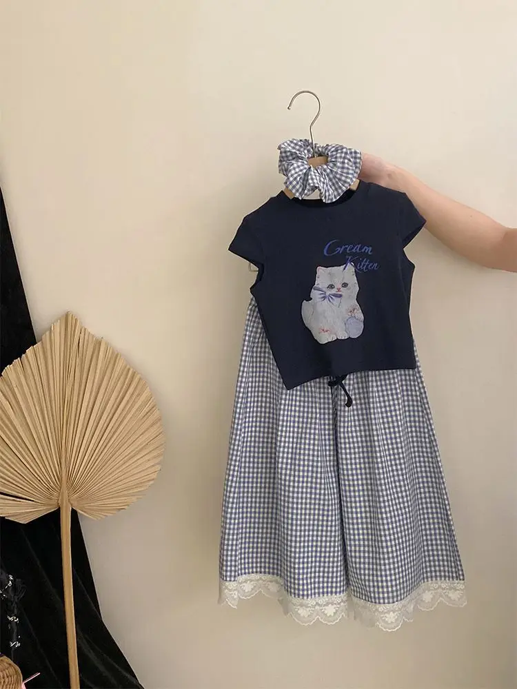 طقم بناتي صيفي جديد للأطفال مطبوع بأكمام قصيرة تي شيرت دانتيل منقوش طقم مكون من قطعتين